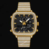 Jam Tangan Analog Digital Kotak Berlapis Emas Bezel Kristal Dial Hitam Multi Fungsi Jam Tangan Mewah Fashion Untuk Pria Wanita Hadiah