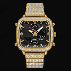 Gold Iced Square Digital Analog <b>Watch</b> Crystal Bezel <b>Black</b> Dial Multi Function Luxury Fashion Timepiece For Men Women Gift - Product Image 1