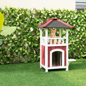 Casa del gatto in legno a 2 piani con tenda a pioggia e tetto in asfalto balcone mobili per animali domestici - Product Image 3