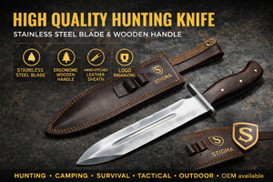 Couteau de chasse Bowie de haute qualité en acier inoxydable Stigma, manche en bois, étui en cuir, lame à pointe fixe, couteau d'extérieur - Product Image 3