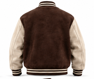 Men's Brown <b>Suede</b> Body Cream Leather Sleeves Varsity <b>Jacket</b> With Embroidered Logos Casual Winter Wear Stand Collar OEM - Product Image 2