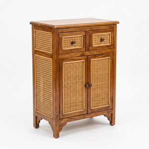 Traditional Teak Wood Nightstand Natural Rattan Woven Side Cabinet with 4 Storage Drawers for Bedroom Living Room & Hospital Use - Product Image 1