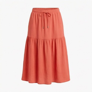 Jupe midi évasée corail pour femme, taille élastique avec cordon de serrage, décontractée, été, couleur unie, mélange viscose et coton - Product Image 1