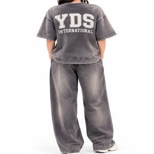 Ensemble T-shirt et pantalon large pour femme, en coton lavé, coupe oversize, manches courtes, décontracté, pour toutes les saisons - Product Image 2