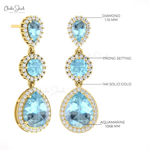 Trending Products 1.10mm Brilliant Cut White Diamond Halo <b>Earrings</b> with Aquamarine Gemstone In 14k Solid Gold Cocktail <b>Earrings</b> - Product Image 5