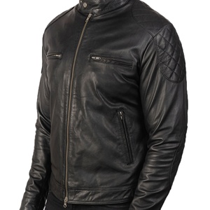 Black Men's Biker Jacket Cow Skin Aniline <b>Quilted</b> Nylon Lining <b>Single</b> Button Closure Winter Season PU Pockets Breathable - Product Image 6
