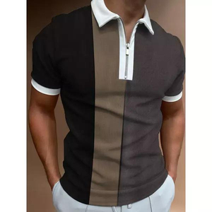 Chemise à manches courtes pour homme, rayée noir et blanc, à blocs de couleur, fermeture éclair sur le devant, style sportif, tricotée, 100% coton, séchage rapide - Product Image 1