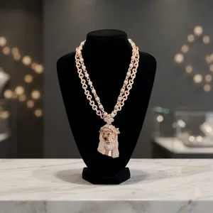 Pendentif Tête de Jésus avec Couronne et Barbe en Diamant de Laboratoire, Or Rose, Breloque Religieuse Hip Hop pour Colliers Homme - Product Image 1