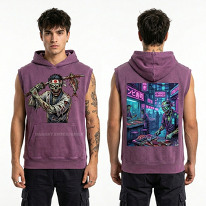 Sweat-shirt à capuche jaune moutarde délavé pour homme, motif graffiti urbain zombie, streetwear vieilli, en coton, vente en gros - Product Image 4