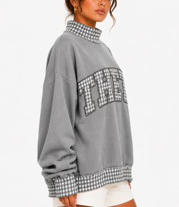 Sweat-shirt à col montant pour femme THETE, coupe ample, en tissu épais, patchwork à carreaux, style décontracté, pull universitaire - Product Image 2