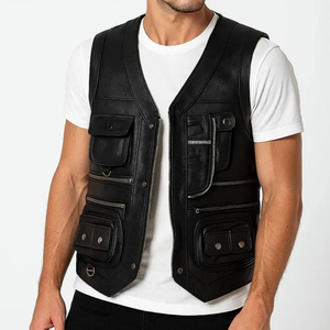 Gilet en cuir pour homme, en cuir de vache véritable, gilet de motard, veste sans manches, gilet personnalisé, logo OEM, fournisseur en gros - Product Image 3