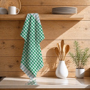 Serviettes de cuisine promotionnelles vertes et blanches à motif à carreaux, serviettes de cuisine douces pour usage domestique - Product Image 1
