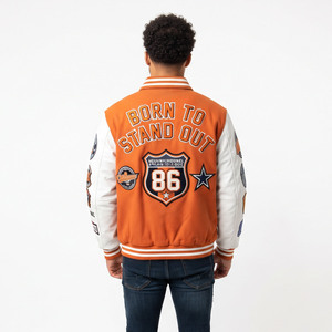 Veste varsity premium pour homme, manches en cuir, patchs brodés en chenille, col rabattu, fermeture boutonnée, veste Lettermen pour homme - Product Image 3