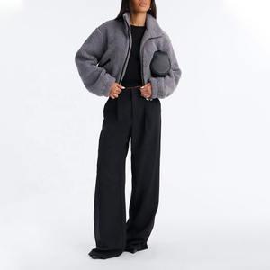 High Quality Women's Gray Teddy <b>Fleece</b> <b>Jacket</b> Winter Zipper Stand Collar Full Sleeve Thick <b>Warm</b> Cropped Streetwear Sherpa <b>Jacket</b> - Product Image 4