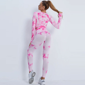 Crop top à col rond et leggings longs taille haute en Spandex et Polyester, extensibles dans les quatre sens, motif Tie-Dye, ensemble de yoga 2 pièces - Product Image 2