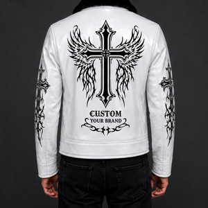 Veste en cuir blanc personnalisée pour homme, style gothique, imprimé croix, col en fausse fourrure, veste de motard, manteau d'hiver tendance, unisexe, confortable à porter - Product Image 4