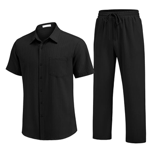 Ensemble décontracté d'été 2 pièces : chemise texturée à manches courtes boutonnée et pantalon à taille élastique avec cordon de serrage |   Fournisseur d'ensembles décontractés - Product Image 3