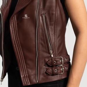 Women Genuine <b>Leather</b> Motorcycle <b>Biker</b> <b>Vest</b> Slim Fit Sleeveless Waistcoat Vintage Outerwear Casual Zipper Pockets Fashion - Product Image 6