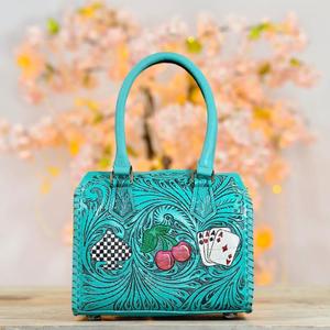 Bolso de Mano de Cuero de Lujo con Diseño Floral en Relieve, Color Turquesa, Motivo de Cereza y Tarjeta - Product Image 1