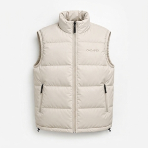Veste sans manches matelassée beige pour homme, col montant, fermeture éclair, hiver, streetwear, vêtements personnalisés, marque privée, OEM - Product Image 1