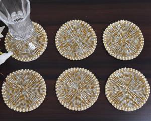 Handmade Beaded Flower Coaster 1 Luxury Style Reusable Eco-Friendly Washable Portable Home Use <b>Bar</b> <b>Mats</b> White Gold Mosaic Design - Product Image 1
