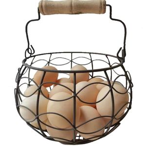 Vintage Modern Eco-Friendly Metal Wire <b>Egg</b> <b>Baskets</b> with Wooden Handle and Space Saving Flexible Design for Food Storage - Product Image 1