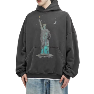 Sweat-shirt à capuche oversize pour homme avec imprimé Statue de la Liberté, en coton noir French Terry, style streetwear décontracté, pour l'automne - Product Image 5