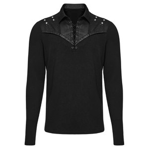 Black Stretch Knit Patchwork Taped Gothic Collar Shirt Front Eyelet String Punk Style Long Sleeved T-Shirt <b>for</b> <b>Men's</b> - Product Image 1