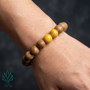 Bracelet élégant en bois d'agar perlé, forme ronde, bracelet en bois d'agar naturel vietnamien avec corail fossile jaune AL-SV-0027-10 Unisexe - Product Image 2