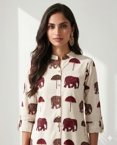 Premium Cotton Print Women's Co-ord Set White Button-<b>Down</b> Long Kurta <b>Trouser</b> Two-Piece Traditional Ethnic Party Wear Sun - Product Image 2