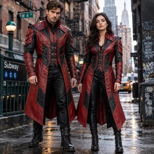 Veste en cuir rouge unisexe, col montant, fermeture à boucle avec poignets à sangles - Product Image 4