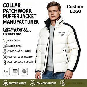 <b>Men's</b> <b>White</b> Patchwork Puffer Jacket With Stand Collar Zipper Closure Custom Logo Down Filled Winter <b>Coat</b> Casual Style - Product Image 1