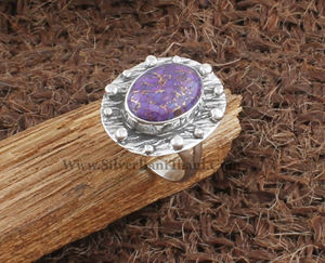 Anillo Solitario Clásico Boho Hecho a Mano de Plata de Ley 925 con Turquesa Cobre Púrpura en Engaste de Bisel, Certificado para Bodas y Fiestas - Product Image 1