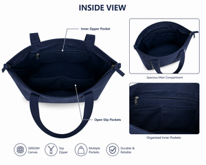 AMANI 300GSM Solid Navy Blue <b>Canvas</b> <b>Tote</b> Bag Large Capacity Eco Friendly Reusable Custom Logo Zip Closure Heavy Duty - Product Image 4