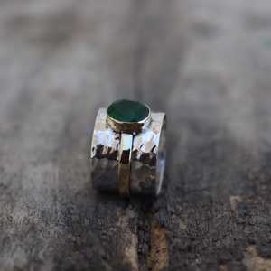 แหวนวงแหวนลายตอกสองสีหยกเขียว เงินแท้ 925 ผสมทองเหลือง แหวนโลหะผสมสำหรับผู้ชายและผู้หญิง เครื่องประดับ - Product Image 5