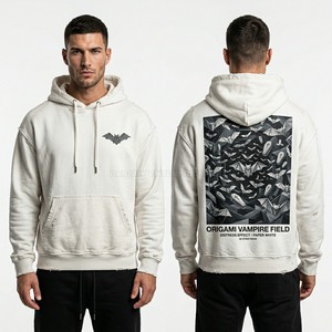 Sweat à capuche blanc épais personnalisé pour homme, style streetwear, effet vieilli, pull-over avec imprimé graphique chauve-souris origami, en molleton, fabricant - Product Image 1