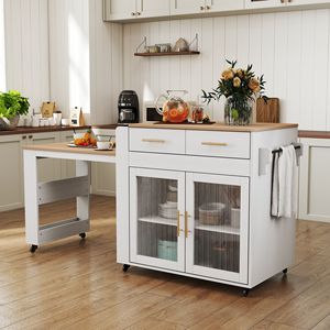 Isola da Cucina Mobile con Tavolo da Pranzo Estensibile, 2 Cassetti, Prese Elettriche e Armadietto Portaoggetti con Ruote - Product Image 1