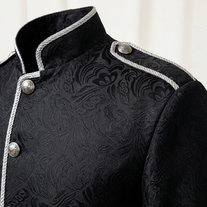 Veste d'équitation victorienne en brocart noir pour homme, col montant, garniture tressée argentée, style gothique steampunk, poches à rabat - Product Image 5