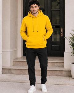 Sudadera con Capucha para Hombre, Color Sólido, Corte Regular, Informal, Tejida, con Bolsillos Amarillos, para Otoño - Product Image 3