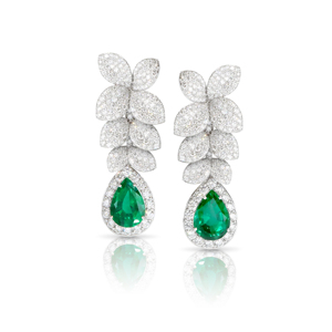 Pendientes de lujo de oro blanco con diseño de lágrima de esmeralda y hoja de diamante para mujer, joyería de boda - Product Image 1