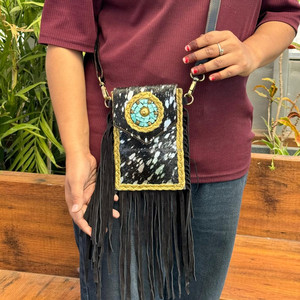Best-Selling 2025 Handmade Hair on Cowhide Fringe Crossbody Mobile Bag for Women Western Genuine Leather Concho Cell Phone Purse - Product Image 2