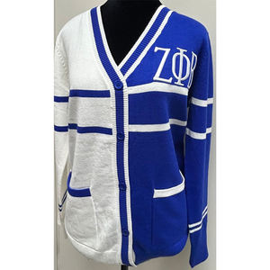 เสื้อคาร์ดิแกนคอวี Zeta Phi Beta Sorority สำหรับผู้หญิง สีน้ำเงินขาว ลายตัวอักษรกรีก สไตล์วินเทจ ถักนิตติ้ง แขนยาว ความยาวปกติ - Product Image 1