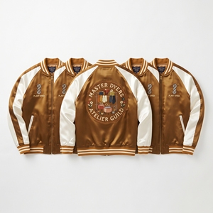 Wholesale Supplier Satin Souvenir Jacket Ochre Gold Off White Master Dyers Skein Embroidery Baseball Bomber <b>Coat</b> - Product Image 1