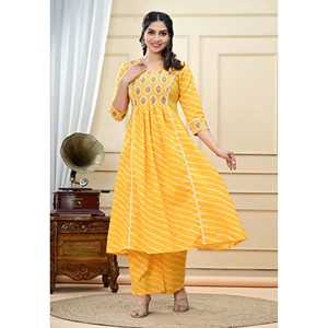 Conjunto Formal de Salwar Kameez Anarkali de Rayón Estampado Amarillo para Mujer con Kurta y Palazzo para Fiesta, Ropa India y Pakistaní - Product Image 3