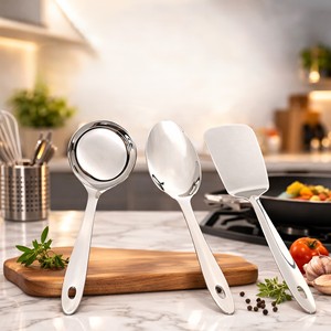 Ensemble d'ustensiles de cuisine en acier inoxydable, 3 pièces – Louche, cuillère ajourée et spatule |   Outils de cuisine durables résistants à la rouille |   Argent - Product Image 4