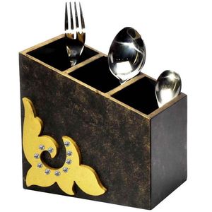 Porte-couverts en bois vert à 4 compartiments avec poignée, support à condiments, organisateur de cuisine, design imprimé, pour cuillères, fourchettes, couteaux - Product Image 4