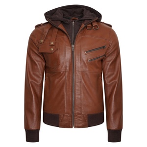 Chaqueta de Moto para Hombre, de Cuero Genuino Marrón, con Forro de Poliéster Resistente al Viento, Cierre de Cremallera y Bolsillos, Estilo Otoñal - Product Image 1