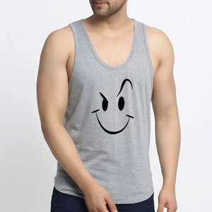 Men's Gray V-Neck Tank Top With Cartoon Smiley <b>Face</b> Print Casual Breathable Knitted Sleeveless Top Front Logo Design - Product Image 1