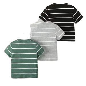 Boys' Summer Fashion Trendy Comfortable Black Gray and Green Striped Round Neck Short Sleeve Shirt 3pcs Set Favorite Photos - Product Image 2