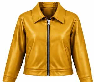 Chaqueta de Cuero Genuino Amarillo Mostaza para Mujer, Estilo Motociclista, Cuello Camisero, Cierre de Cremallera, Manga Larga, Chaqueta Corta - Product Image 1